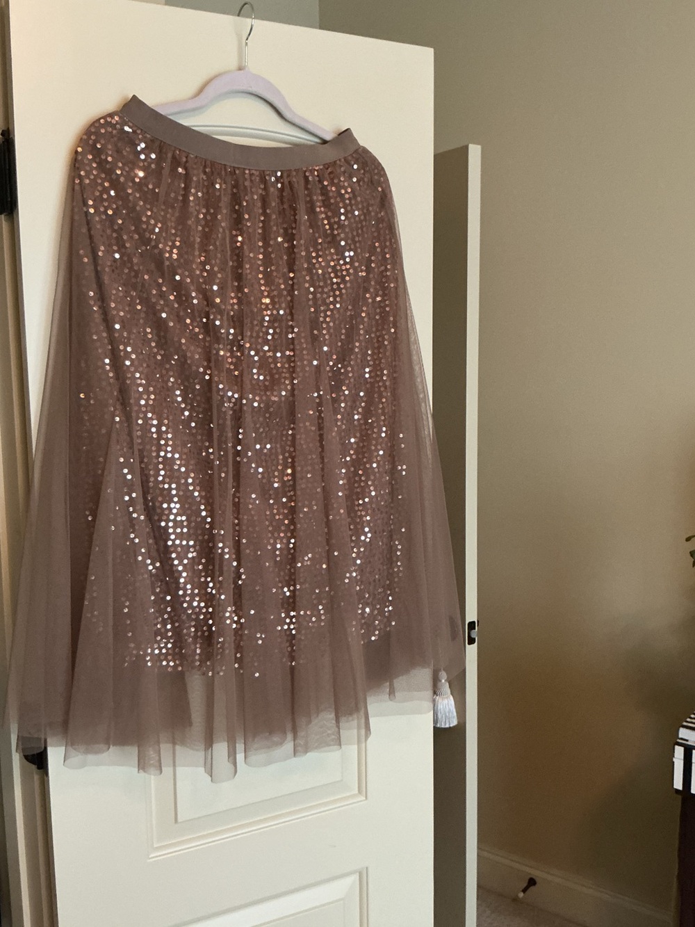 Sequin Tulle Midi Skirt in Dusty Rose/Taupe